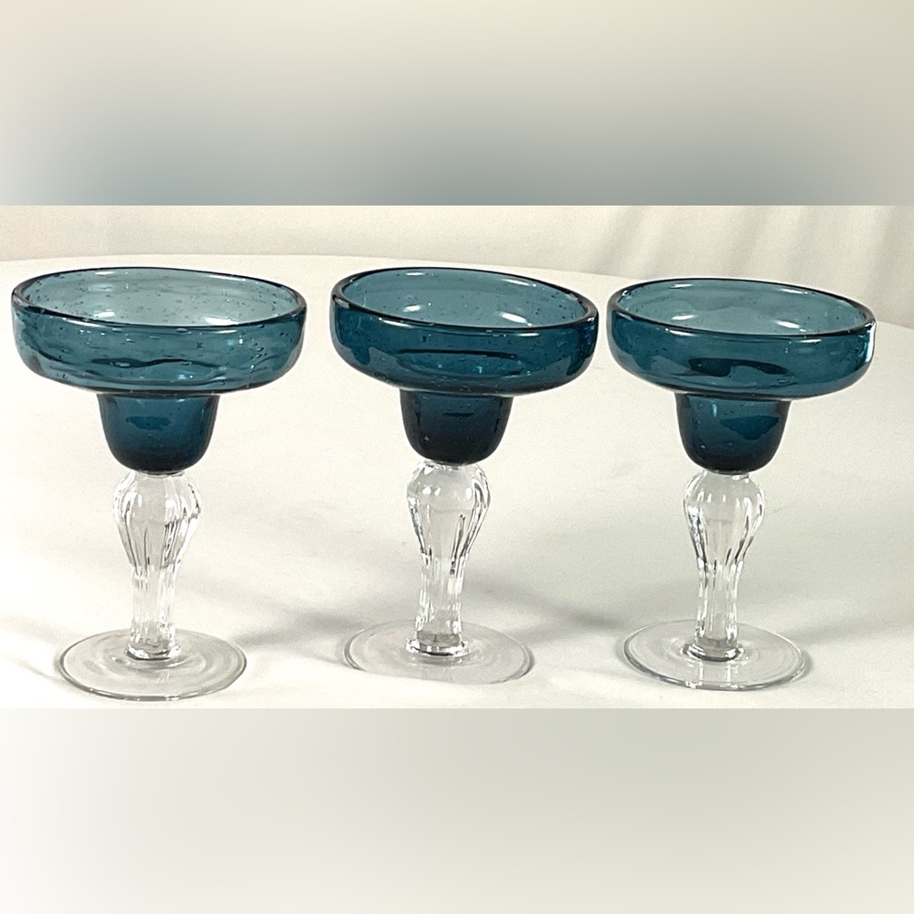 Rare margarita glasses-hand blown blue bubble glass, fluted stems-set of 3